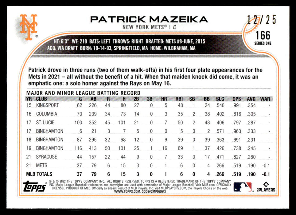 Patrick Mazeika 2022 Topps Series 1 Memorial Day Camo Back of Card