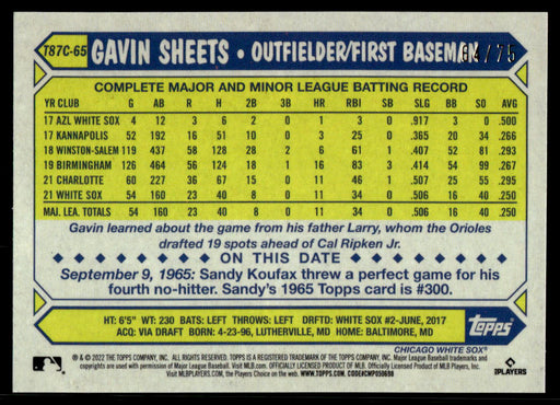 Gavin Sheets 2022 Topps Series 1 Purple Back of Card