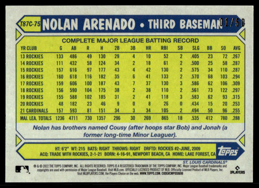 Nolan Arenado 2022 Topps Series 1 Gold Back of Card