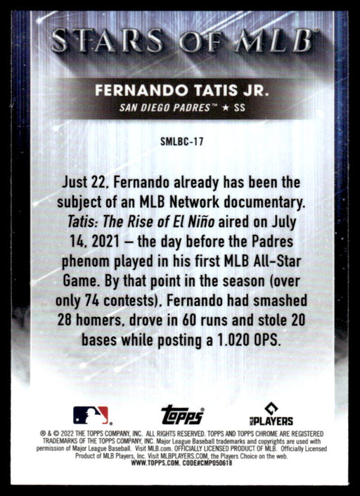 Fernando Tatis Jr. 2022 Topps Series 1 Chrome Stars of MLB Back of Card