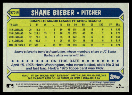 Shane Bieber 2022 Topps Series 1 1987 Topps Silver Pack Back of Card