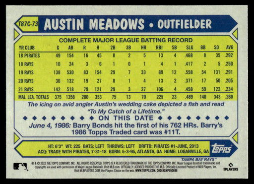 Austin Meadows 2022 Topps Series 1 1987 Topps Silver Pack Back of Card