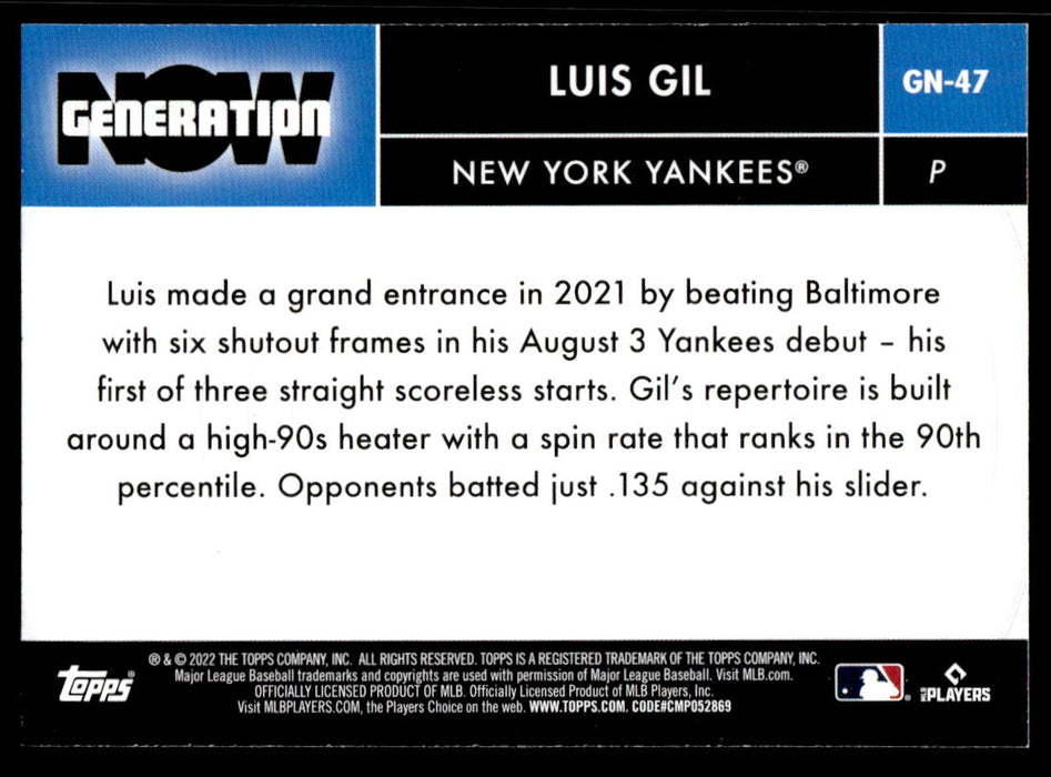 Luis Gil 2022 Topps Series 2 Generation Now Back of Card