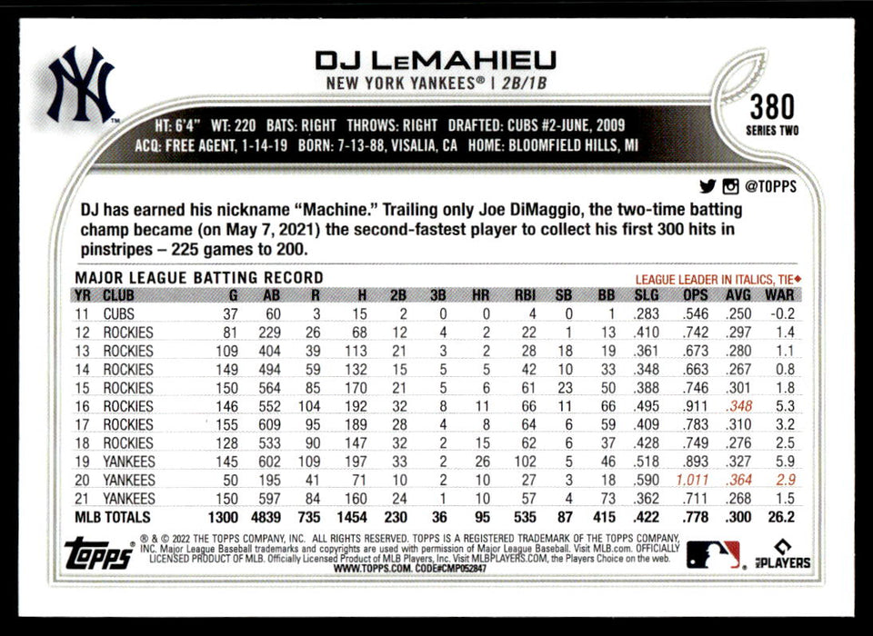 DJ LeMahieu 2022 Topps Series 2 Blue Back of Card