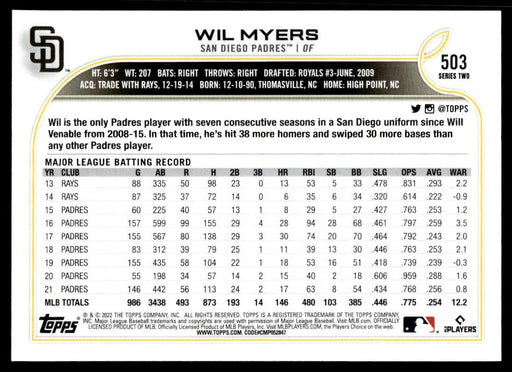 Wil Myers 2022 Topps Series 2 Blue Back of Card