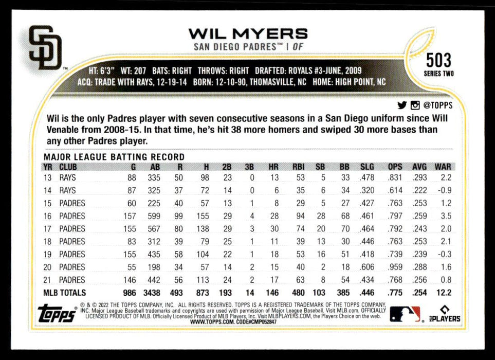 Wil Myers 2022 Topps Series 2 Blue Back of Card