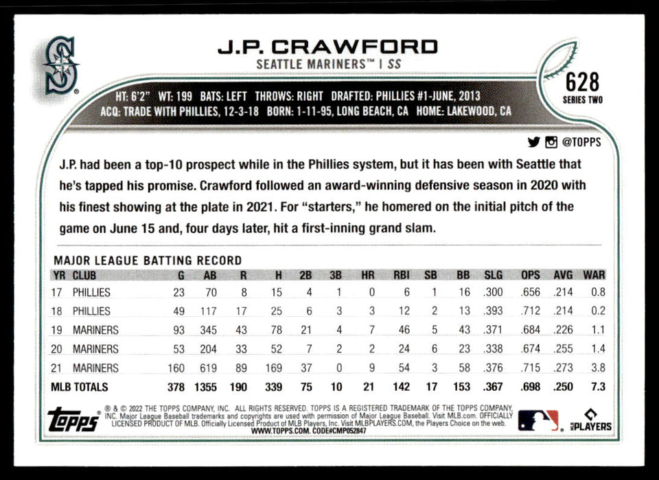 JP Crawford 2022 Topps Series 2 Blue Back of Card