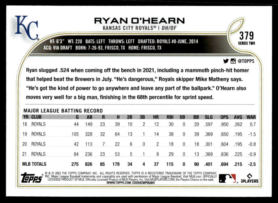 Ryan O'Hearn 2022 Topps Series 2 Rainbow Foil Back of Card