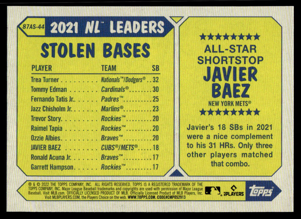 Javier Baez 2022 Topps Series 2 87 Topps All-Star Back of Card