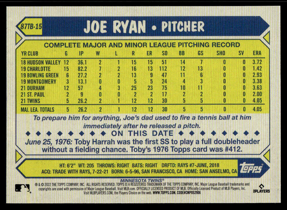 Joe Ryan 2022 Topps Series 2 87 Topps Back of Card