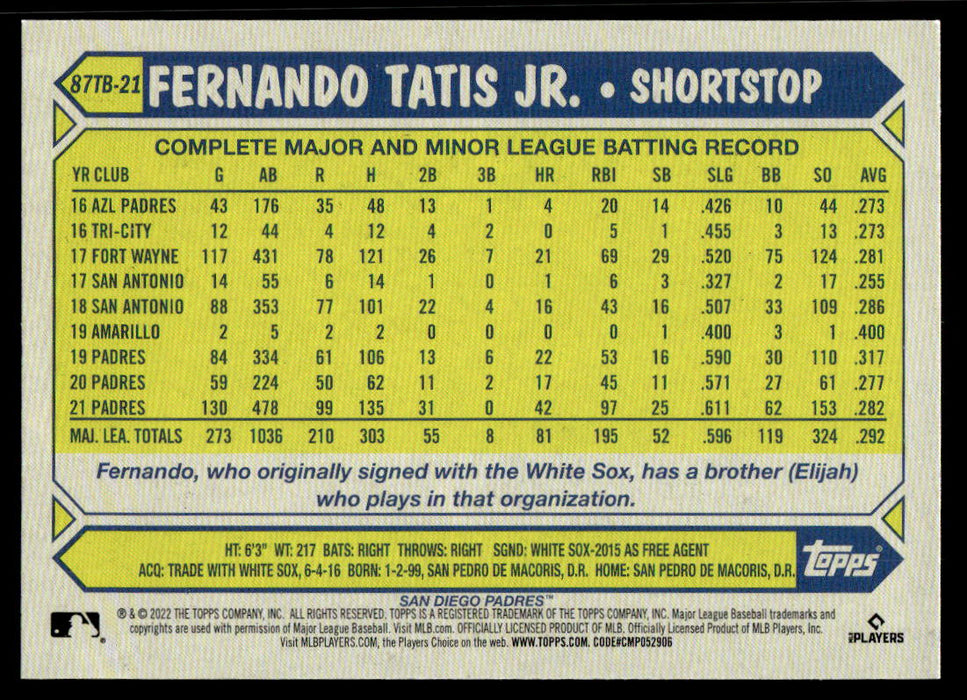 Fernando Tatis Jr. 2022 Topps Series 2 87 Topps Back of Card