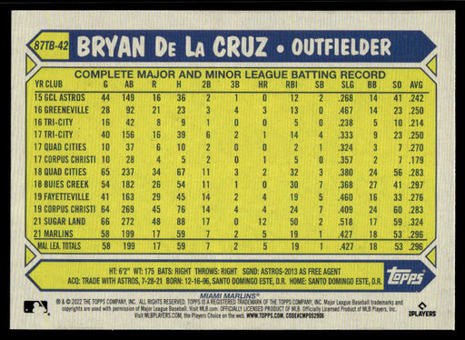 Bryan De La Cruz 2022 Topps Series 2 87 Topps Back of Card