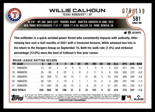 Willie Calhoun 2022 Topps Series 2 Red Foilboard Back of Card