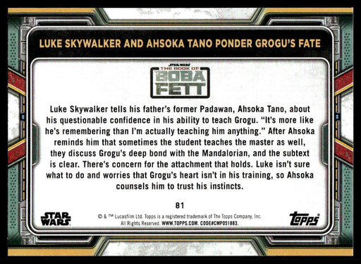 Luke Skywalker and Ahsoka Tano Ponder Grogu's Fate 2022 Topps Star Wars Book of Bobba Fett Base Back of Card