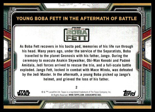 Young Boba Fett in the Aftermath of Battle 2022 Topps Star Wars Book of Bobba Fett Blue Back of Card