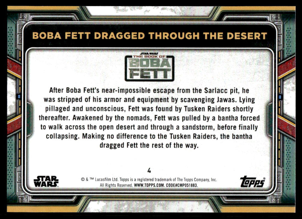 Boba Fett Dragged Through the Desert 2022 Topps Star Wars Book of Bobba Fett Blue Back of Card