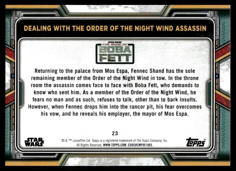 Dealing with the Order of The Night Wind Assassin 2022 Topps Star Wars Book of Bobba Fett Blue Back of Card