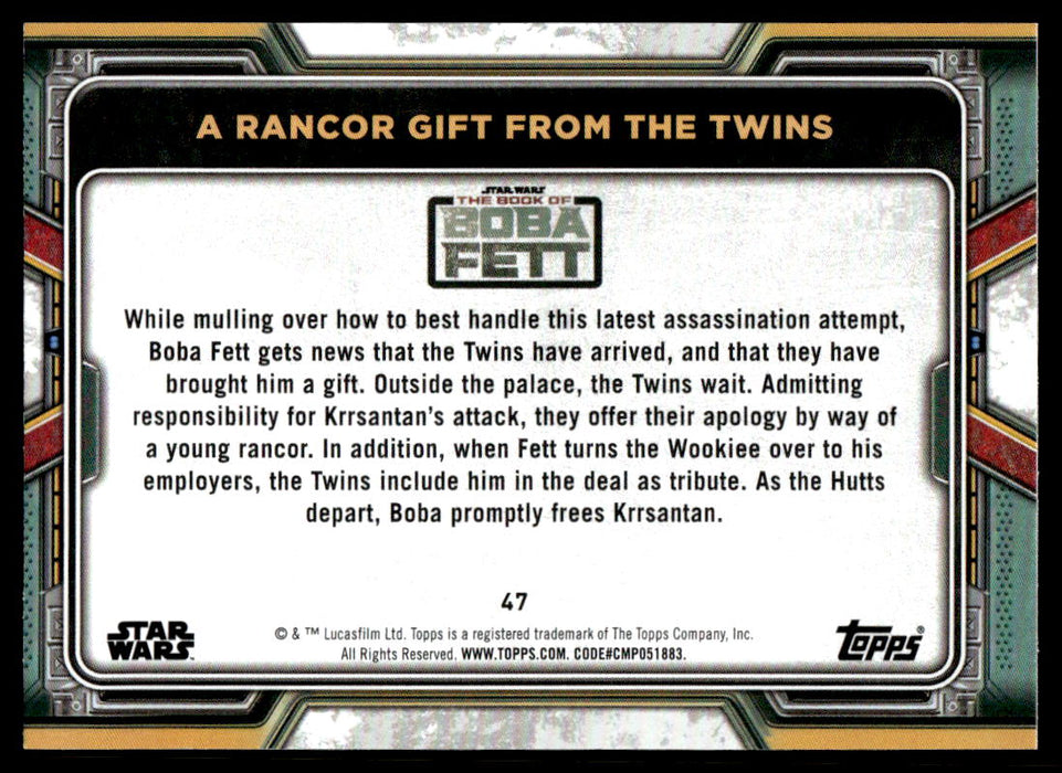 A Rancor Gift from the Twins 2022 Topps Star Wars Book of Bobba Fett Blue Back of Card