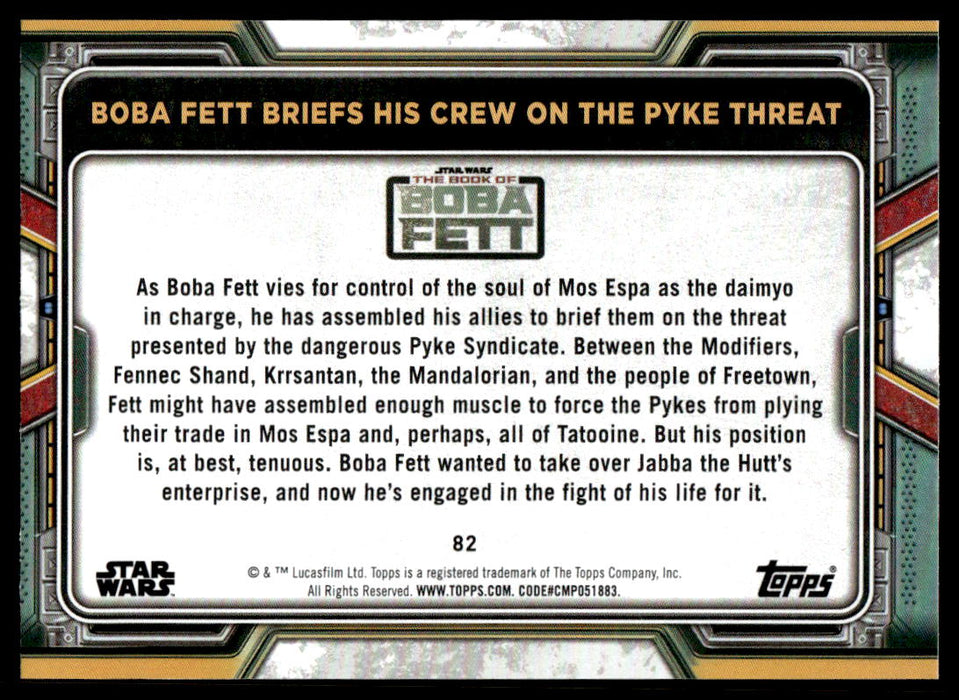 Boba Fett Briefs His Crew on the Pyke Threat 2022 Topps Star Wars Book of Bobba Fett Blue Back of Card