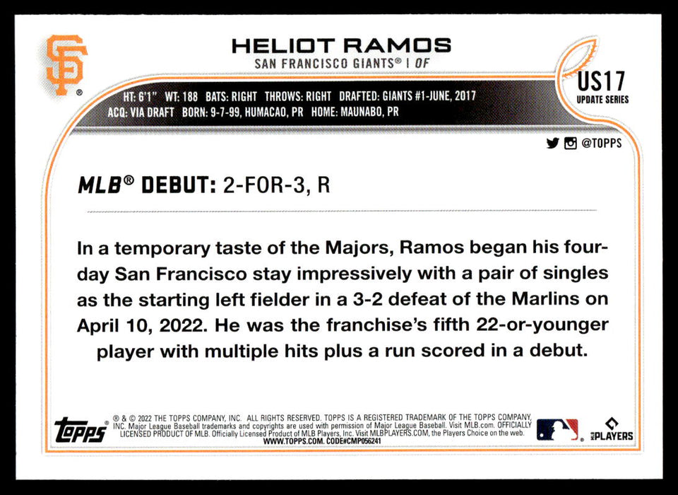 Heliot Ramos 2022 Topps Update Base Back of Card