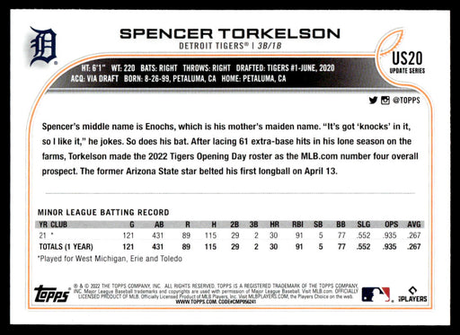 Spencer Torkelson 2022 Topps Update Base Back of Card