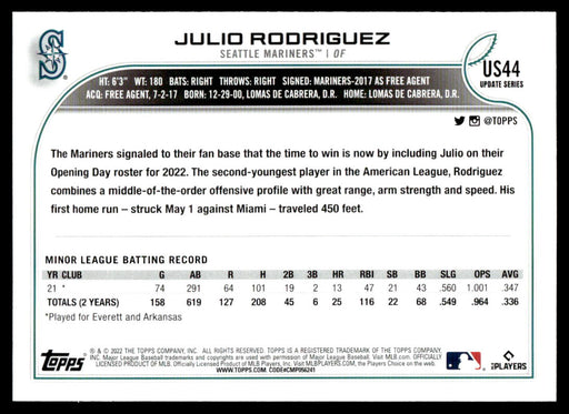 Julio Rodriguez 2022 Topps Update Base Back of Card