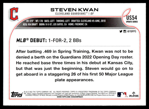 Steven Kwan 2022 Topps Update Base Back of Card