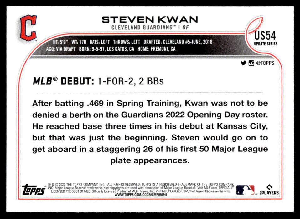 Steven Kwan 2022 Topps Update Base Back of Card