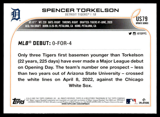 Spencer Torkelson 2022 Topps Update Base Back of Card