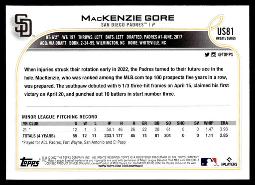 MacKenzie Gore 2022 Topps Update Base Back of Card