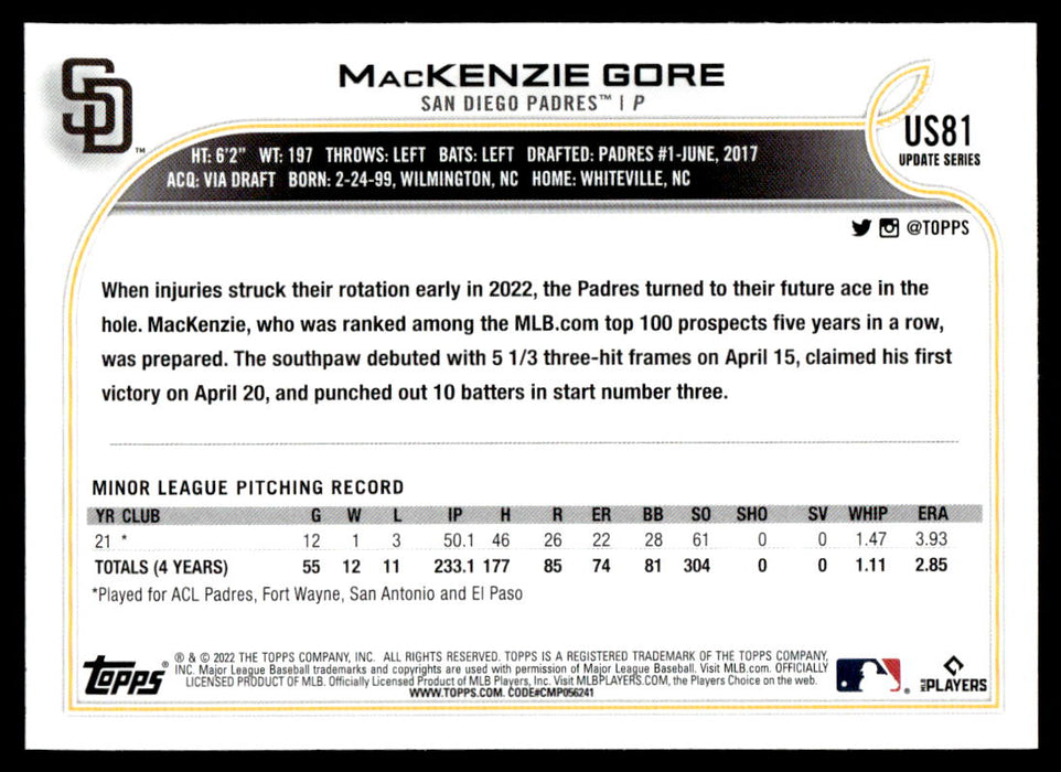 MacKenzie Gore 2022 Topps Update Base Back of Card