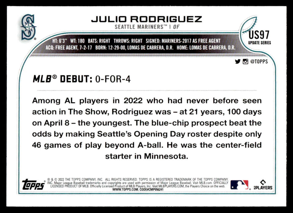 Julio Rodriguez 2022 Topps Update Base Back of Card