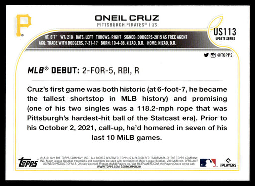 Oneil Cruz 2022 Topps Update Base Back of Card