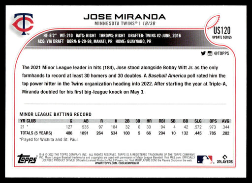 Jose Miranda 2022 Topps Update Base Back of Card