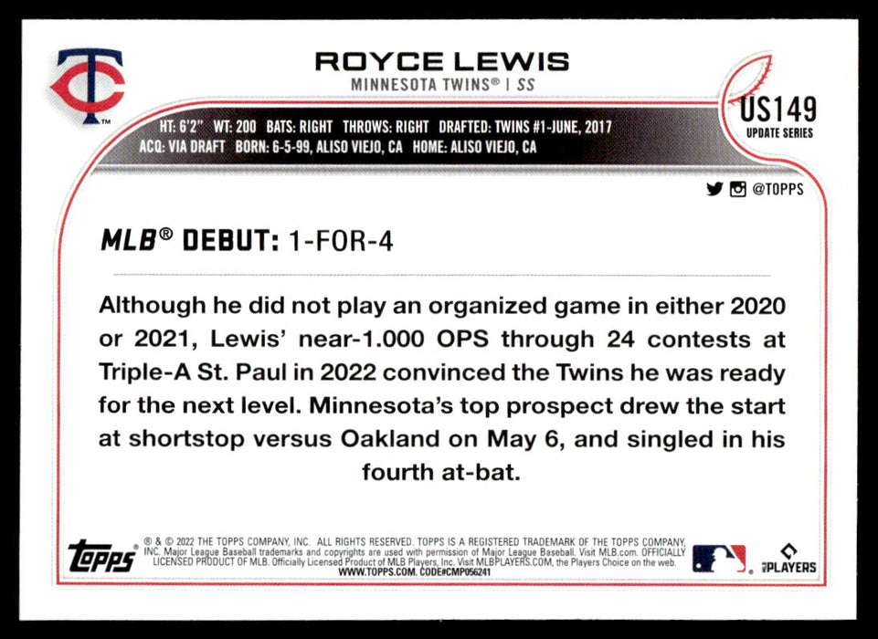 Royce Lewis 2022 Topps Update Base Back of Card