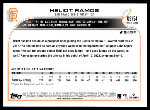 Heliot Ramos 2022 Topps Update Base Back of Card