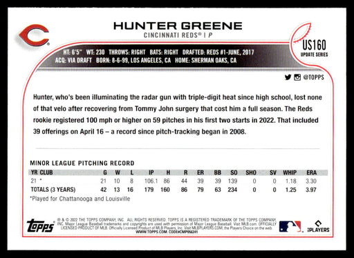 Hunter Greene 2022 Topps Update Base Back of Card