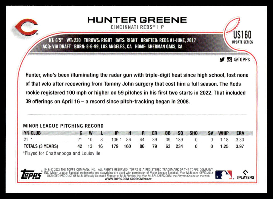 Hunter Greene 2022 Topps Update Base Back of Card