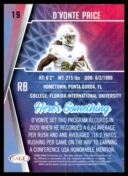 D'Vonte Price 2022 Sage Low Series Base Back of Card