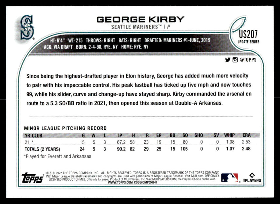 George Kirby 2022 Topps Update # US207 RC Base Seattle Mariners —  Collectible Craze America