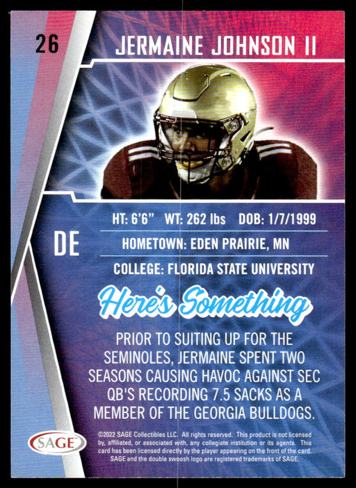 Jermaine Johnson II 2022 Sage Low Series Base Back of Card