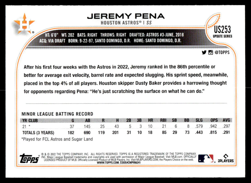 Jeremy Pena 2022 Topps Update Base Back of Card