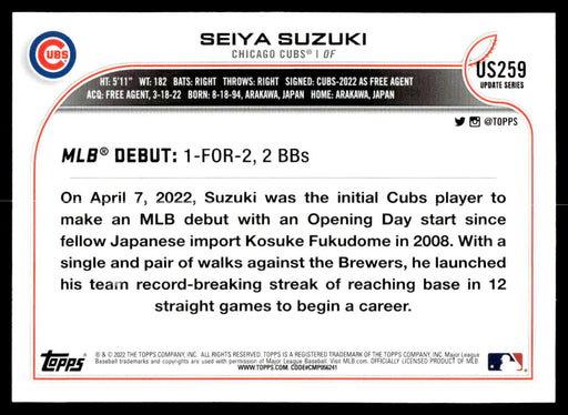 Seiya Suzuki 2022 Topps Update Base Back of Card