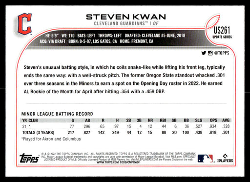 Steven Kwan 2022 Topps Update Base Back of Card