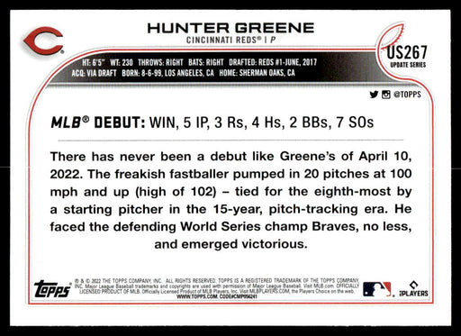 Hunter Greene 2022 Topps Update Base Back of Card