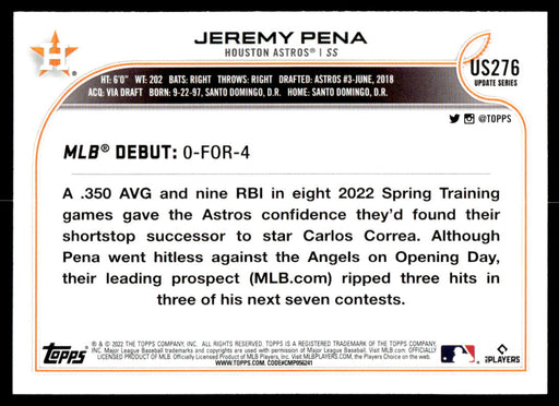 Jeremy Pena 2022 Topps Update Base Back of Card