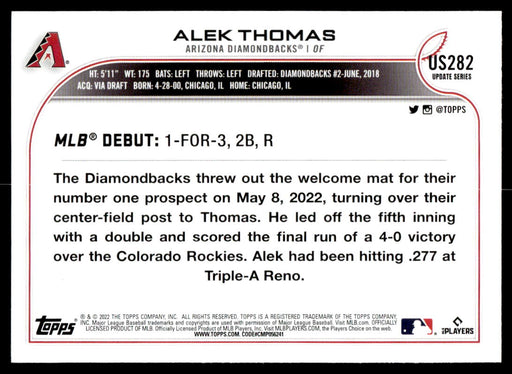 Alek Thomas 2022 Topps Update Base Back of Card