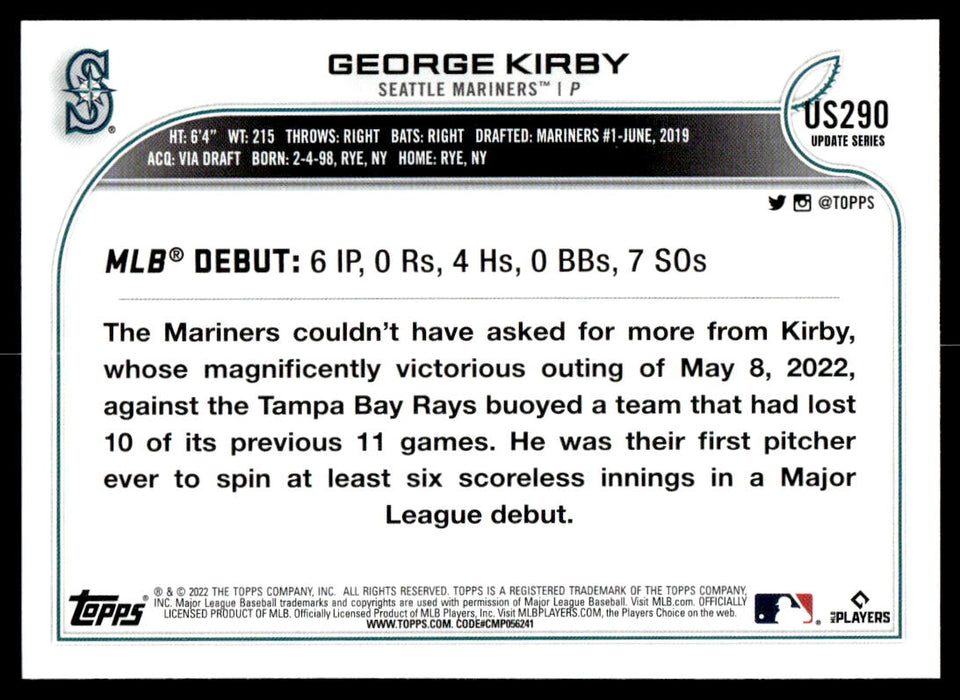 George Kirby 2022 Topps Update Base Back of Card