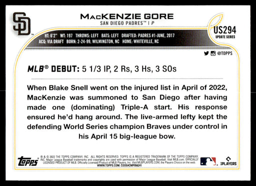 MacKenzie Gore 2022 Topps Update Base Back of Card