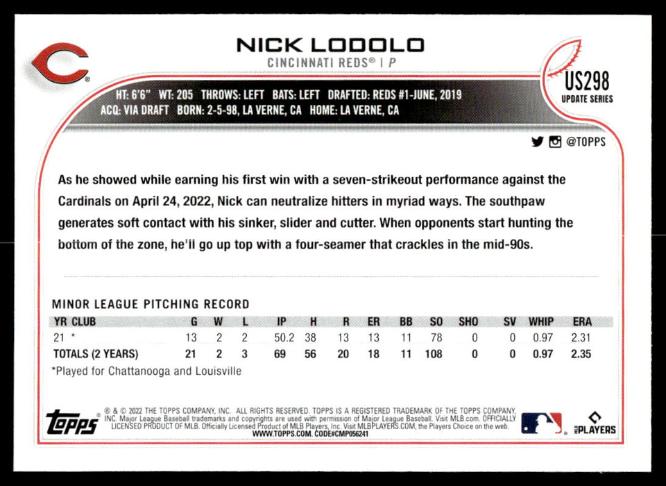 Nick Lodolo 2022 Topps Update Base Back of Card